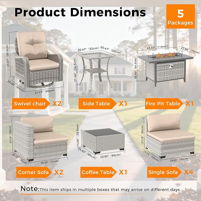 8-Seat Outdoor Wicker Patio Furniture Set with Fire Pit Table, Modular Rattan Sectional Sofa & 2 Swivel Rocking Chairs, 4" Thick Cushions, Rust-Resistant Frame,Beige