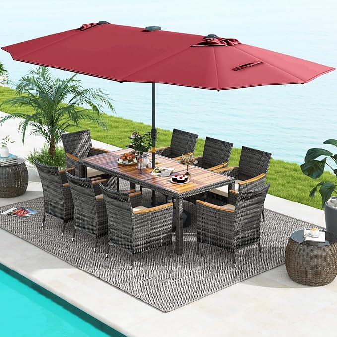Tangkula 11 Pieces Patio Dining Set with 15 ft Double-Sided Patio LED Umbrella (Base Included), Outdoor Rattan Furniture Set with 8 Armchairs, 1 Rectangular Acacia Wood Dining Table (Wine)