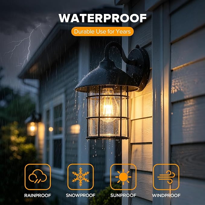 UME 2 Pack Dusk to Dawn Outdoor Wall Lights,Porch Lights,Waterproof Outdoor Wall Sconce, Exterior Light Fixtures E26 Base with Clear Glass Shade for House Garage Patio Front Door Balcony