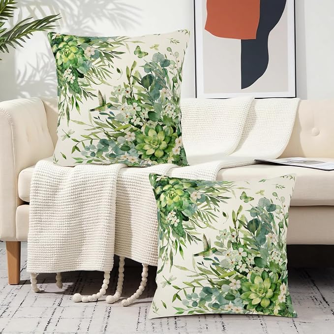 Eucalyptus Leaves Pillow Covers Watercolor Greenery Throw Pillow Covers 18x18 Set of 2 Spring Sage Green Leaf Floral Pillow Cases Green Succulent Cushion Cases for Home Sofa