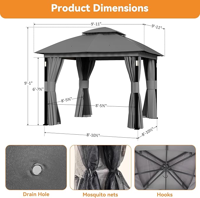 Covered Outdoor Patio Gazebo 10'x10' with LED Lights & Bluetooth Speaker, Heavy Duty Outdoor Canopy Shelter with Metal Frame, Double Roofs, Soft Top Gazebo with Netting and Curtains for Backyard, Gray