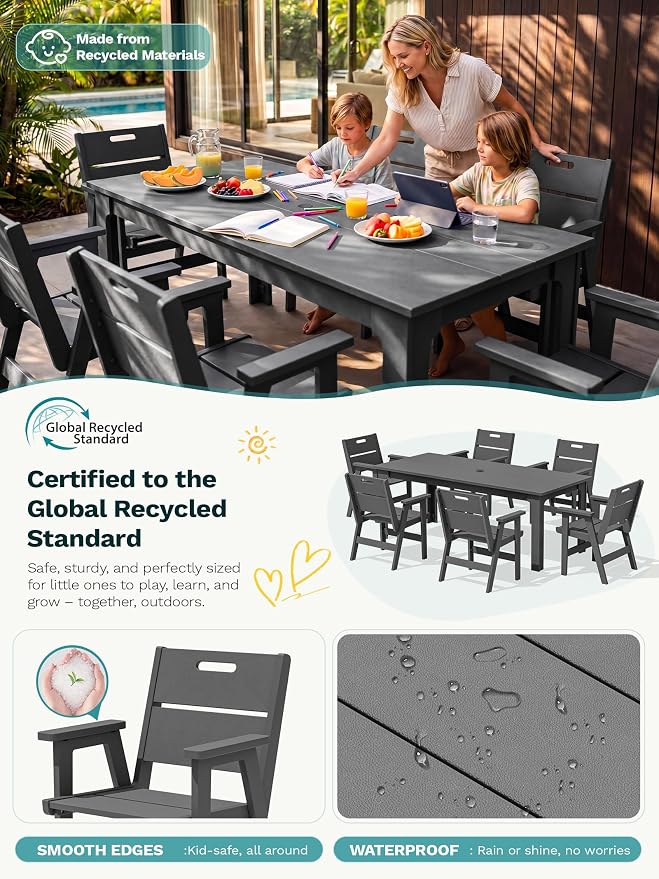 SERWALL 9-Piece HDPE Outdoor Patio Dining Set, All-Weather Rectangular Table with Umbrella Hole & 8 Arm Chairs, Weather Resistant Heavy Duty Outdoor Furniture for Backyard, Deck, Garden, Gray