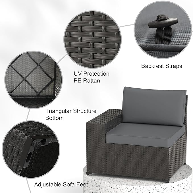 Patio Furniture Set, 6PCS Outdoor Sectional with Ottoman Wicker Rattan Patio Couch with Thickened Cushion Modular Wicker Patio Conversation Set with Glass Top Table for Balcony, Backyard(Grey)