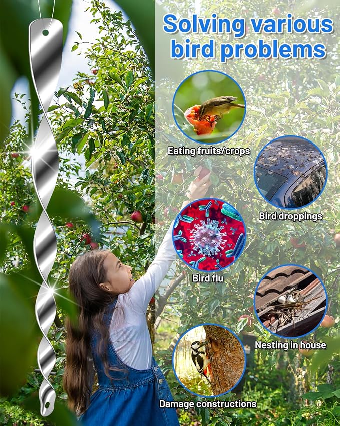 24Pcs Bird Reflective Scare Rods, Plastic Deterrent Devices for Outside Patio, House, Garden, Window to Keep Woodpecker Pigeon Away, Silver Hanging Wind Spinners Outdoor Decor