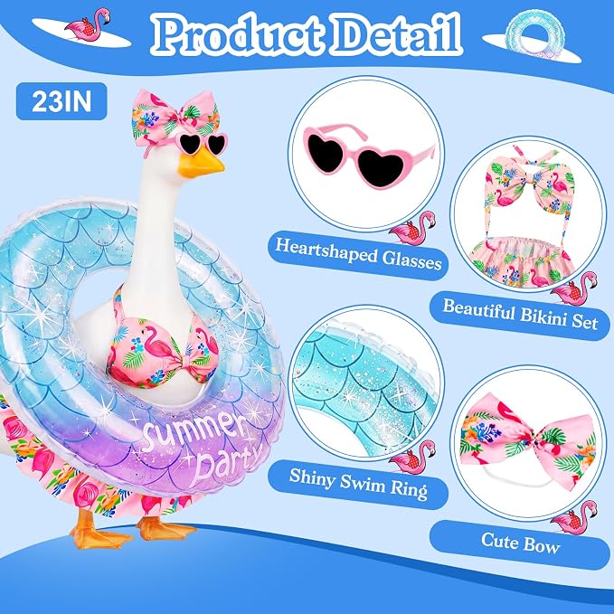 23 in Porch Goose Summer Outfit Bikini, Hawaiian Porch Goose Swimsuit Clothes Costume Accessories with Bow Glasses Swim Ring for 23" Summer Goose Garden Patio Statue Decor (Blue Flamingos)
