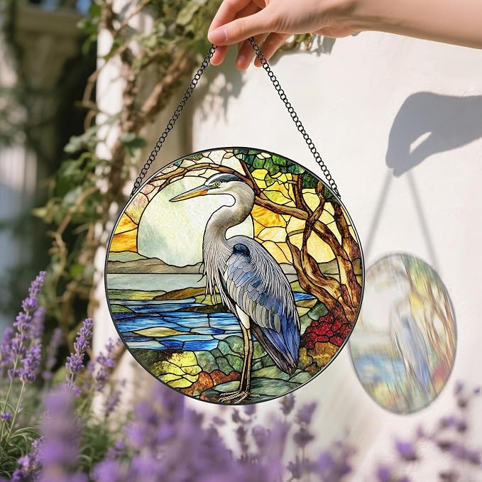 Stained Glass Window Hanging, 8 Inch Blue Heron Suncatcher Ornament, Stained Glass Suncatchers for Windows Hanging, Christmas, Mother's Day, Birthday, Bird Lover Gifts for Mom, Grandma, Women & Men