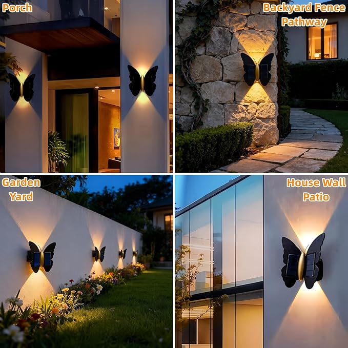 Butterfly Wall lihgts Decorations Solar Fence Lights Outdoor Solar Deck Light Waterproof LED Solar Powered Step Light Garden Butterfly Decorative Lighting for Front Door Yard Patio (Warm Light)