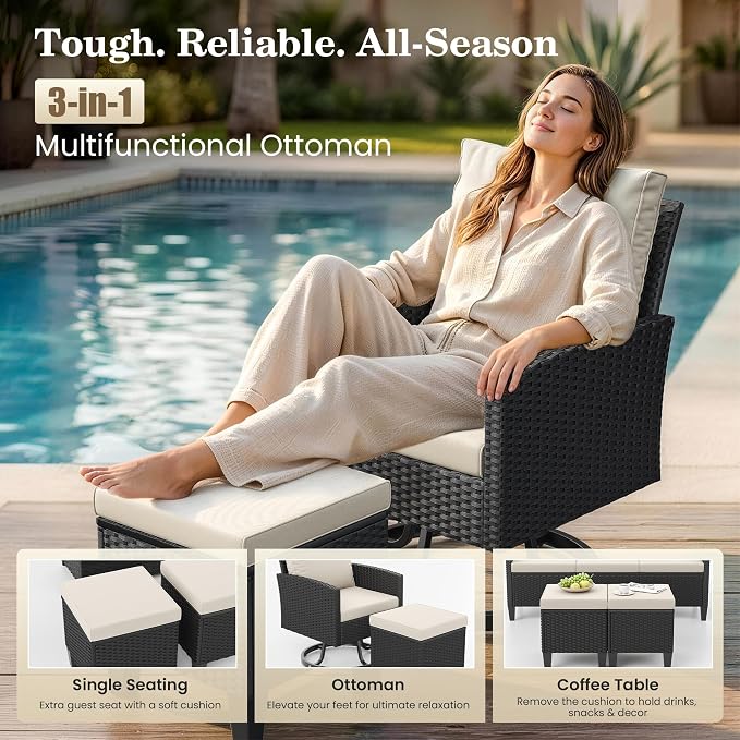 Amopatio Patio Furniture Set with Fire Pit Table,7 Pieces Conversation Sofa with 360° Swivel Chairs, All Weather Wicker Outdoor Furniture for Backyard Garden Pool Deck,Beige