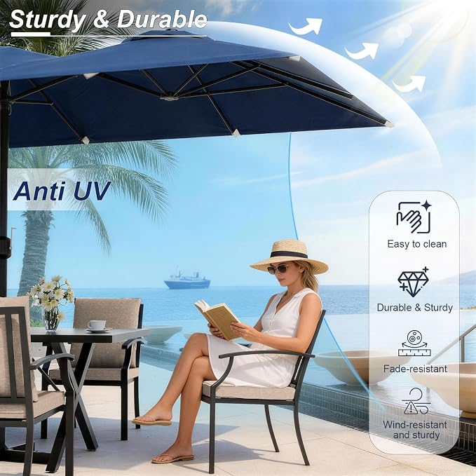 Patio Dining Set for 10 with 13.6ft Double-Sided Patio Umbrella,Outdoor Dining Set of 6 Metal Chairs and 2 Swivel Chairs with Umbrella Hole Table for Backyard,Garden,and Poolside(Brown)