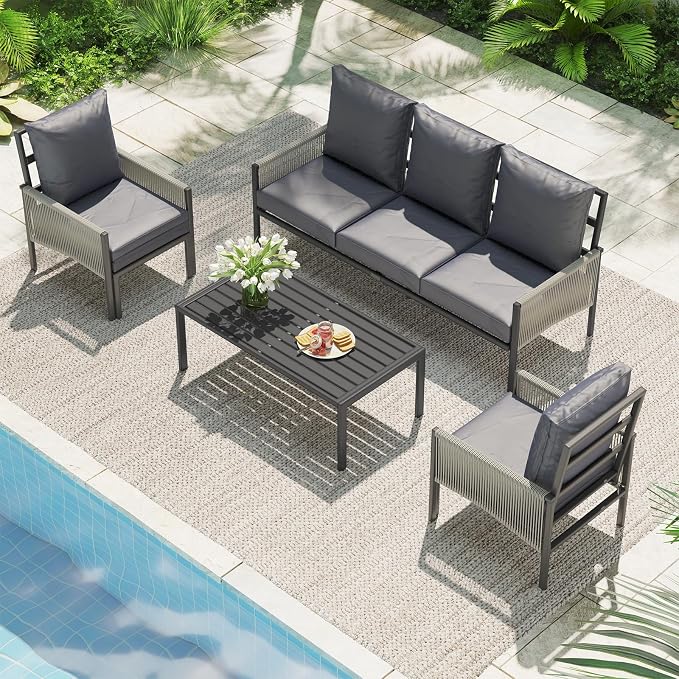 AECOJOY Aluminum Patio Furniture Set 5 Seats Outdoor Sectional Sofa Couch with Coffee Central Table Patio Conversation Sets for Porch Deck, Dark Grey