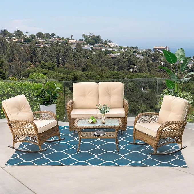 VIVIJASON 4-Piece Outdoor Patio Wicker Conversation Sets, All Weather Outdoor Rattan Furniture Set Includes Glider Loveseat, Coffee Table, 2 Rocking Chairs with Cushions for Backyard, Light Brown