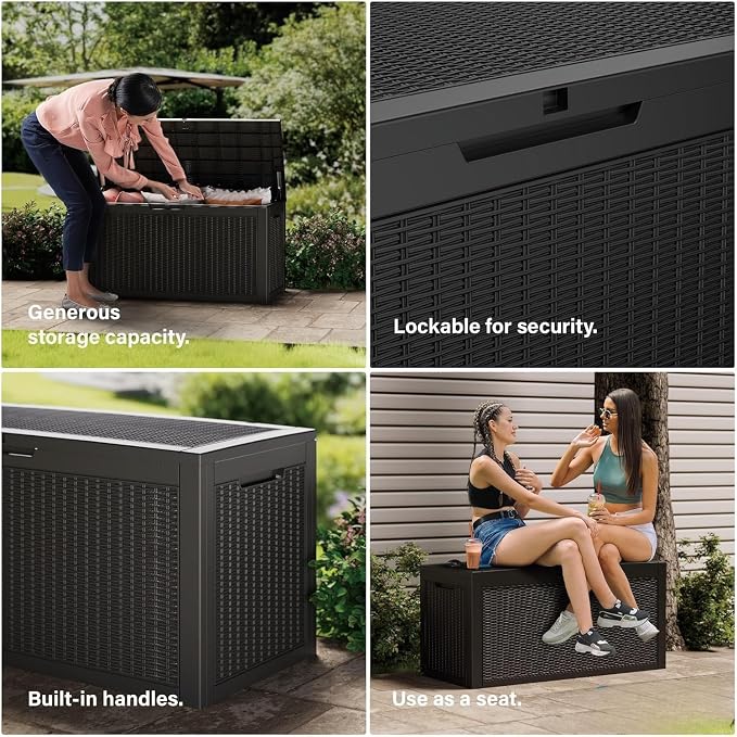 180 Gallon Deck Box Organizer, Doubles as 2-Person Bench Seat, Black – Large Resin Outdoor Storage and Seating with Lockable Lid for Garden, Pool, and Patio