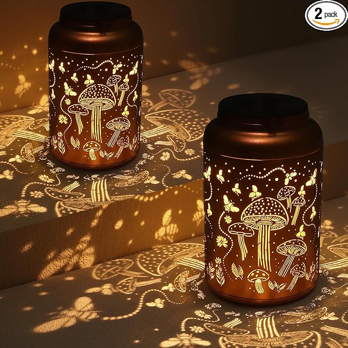 2 Pack Solar Lanterns Outdoor Waterproof Mushroom Garden Decor | Gifts for Women Mom Grandma Hanging Solar Lights Metal Solar Decoration Outside LED Lanterns for Yard, Patio, Lawn