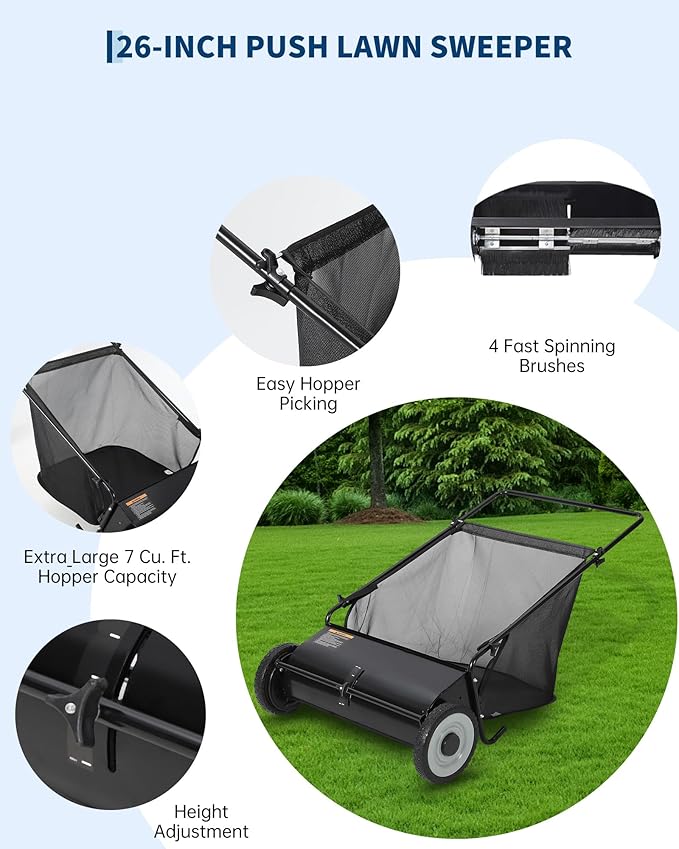 Takywep 26-Inch Push Lawn Sweeper, Anti-Rust Steel Frame, 4 High-Density Brushes, Adjustable Height, 7 Cu.Ft Collection Bag for Yard Debris (Black)