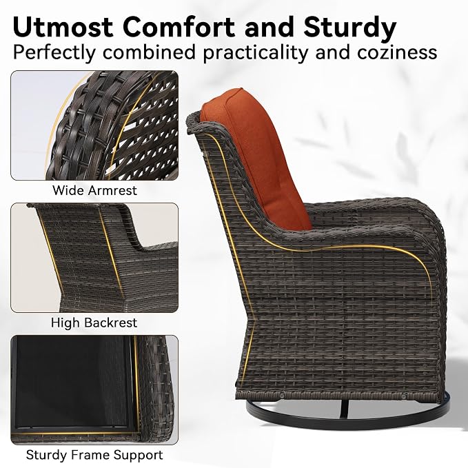 5 Piece Outdoor Wicker Patio Furniture Set, Outdoor Swivel Rocker Patio Chairs Set with Thickened Olefin Cushions, High Back and Deep Seating, Hand-Woven PE Rattan for Porch, Deck