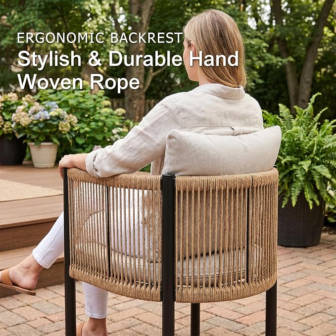 SUNSITT 7 Piece Outdoor Patio Dining Set, Patio Dining Furniture Set with 82.6” Metal Dining Table w/WPC Tabletop and 6 Patio Woven Rattan Chairs w/Curved Armrest for Garden, Beige