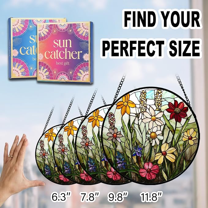 Birthday Gifts for Women - Wildflowers Faux Stained Glass Window Hanging Sun Catcher for Door Garden Acrylic Decor Mother's Day Christmas for Mom Nana Grandma Sisters Wife 9.8"