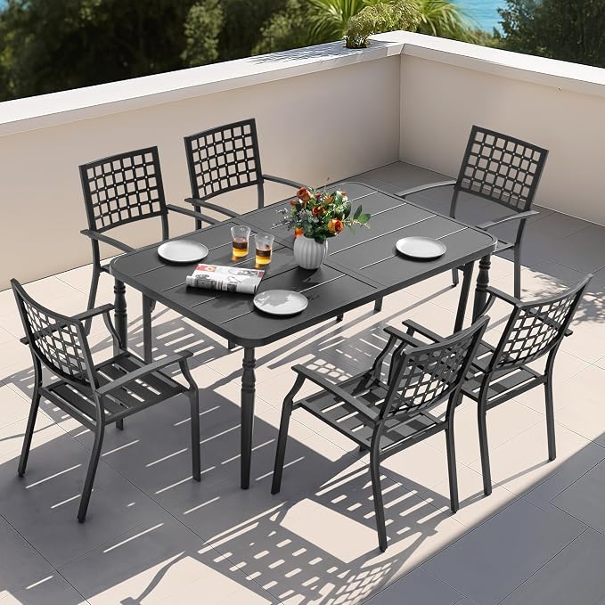 NUU GARDEN 7-Piece Outdoor Metal Furniture Set, Outdoor Dining Set of 6, Patio Dining Table with Umbrella Hole and Powder Coating, 6 Stackable Chairs for Backyard, Deck, Garden and Yard, Black