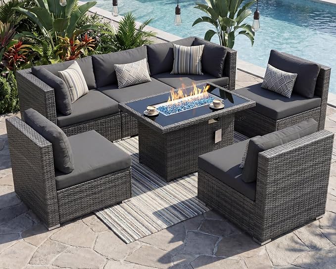 RADIATA 7 Piece Wicker Patio Furniture Set with Fire Pit, All-Weather Outdoor Sectional Couch High Back Large Size, Modular Backyard Seating Sofa Set with Propane/Natural Gas Firepit Table, Dark Gray