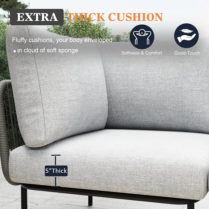 7 Piece Modern Outdoor Rope Wicker Sectional Patio L-Shaped Conversation Sofa Set Deep Seating with Thick Cushions