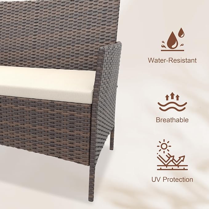 GAOMON 4-Piece Patio Furniture Set, All-Weather Patio Set - PE Wicker Sectional with Tempered Glass Table, Modular Outdoor Furniture for Pool Decks, Brown & Beige