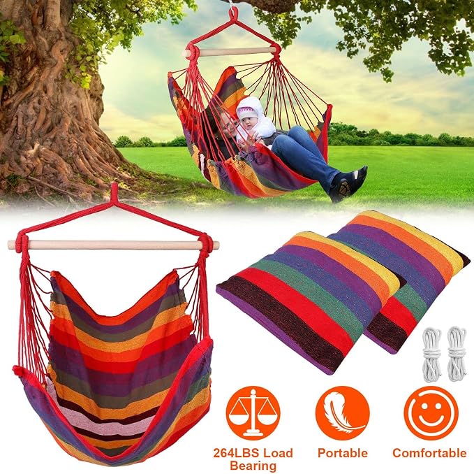 Hammock Chair Hanging Rope Swing - 2 Cushions Pillows Included - Portable Large Macrame Hanging Chair with Pocket - Camping Rope Seat
