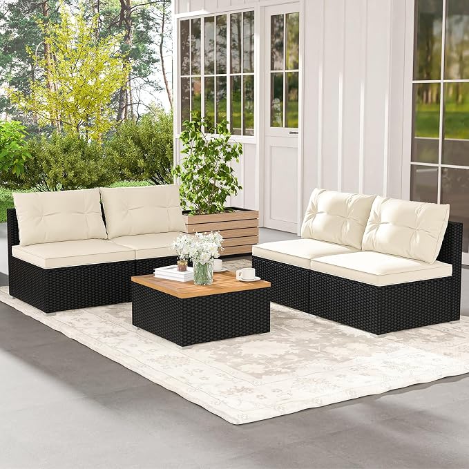 5 Pieces Patio Furniture Set, Outdoor Sectional Sofa with Acacia Wood Coffee Table & Cushions, Wicker Patio Conversation Set for Porch, Deck, Balcony, Poolside & Backyard (Off White)