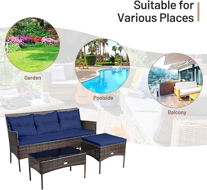 RELAX4LIFE 3 Pieces Patio Furniture Sectional Set, Rattan Wicker Conversation Set W/ 5 Cozy Seat & Back Cushions, Tempered Glass Coffee Table for Poolside, Balcony, Backyard Outdoor Furniture (Navy)