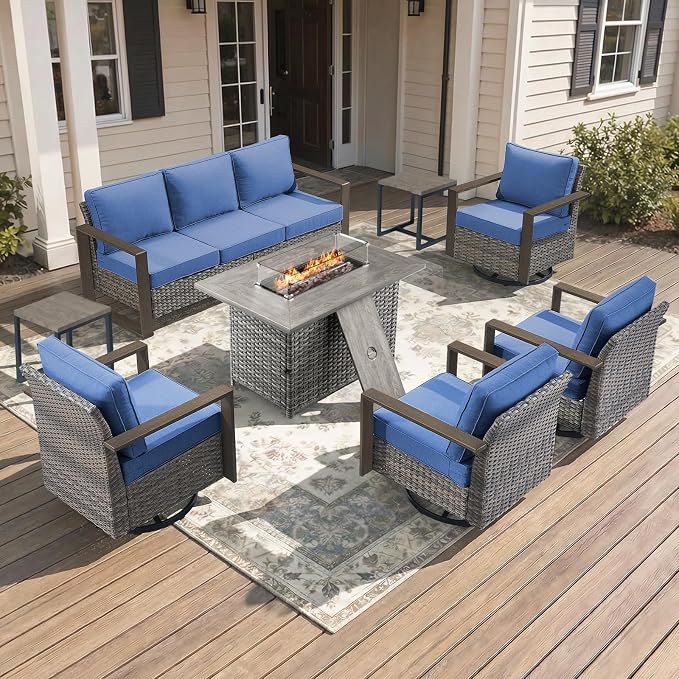 Patio Furniture Set with Fire Pit Table, 8-Piece Outdoor Wicker Sofa and 4 Swivel Chairs, All-Weather Conversation Set for Backyard, Deck and Poolside, Grey/Blue