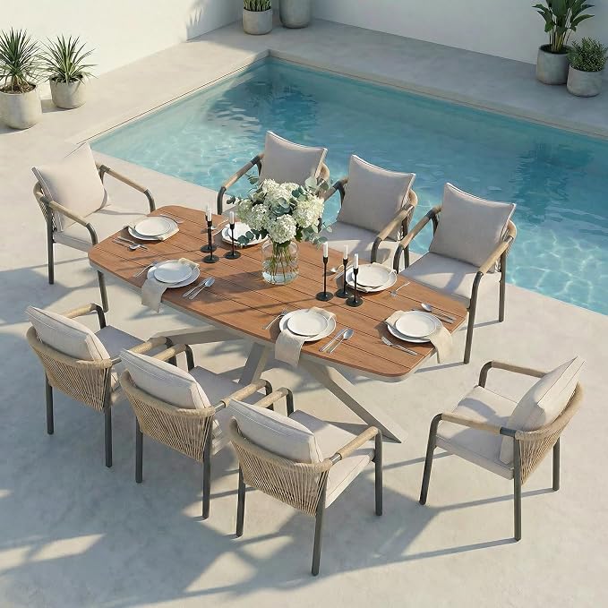 SUNSITT 9 Piece Outdoor Patio Dining Set, Patio Dining Furniture Set with 87” Aluminum Dining Table w/X Base Legs and 8 Woven Wicker Patio Chairs w/Curved Backrest for Garden, Flaxen