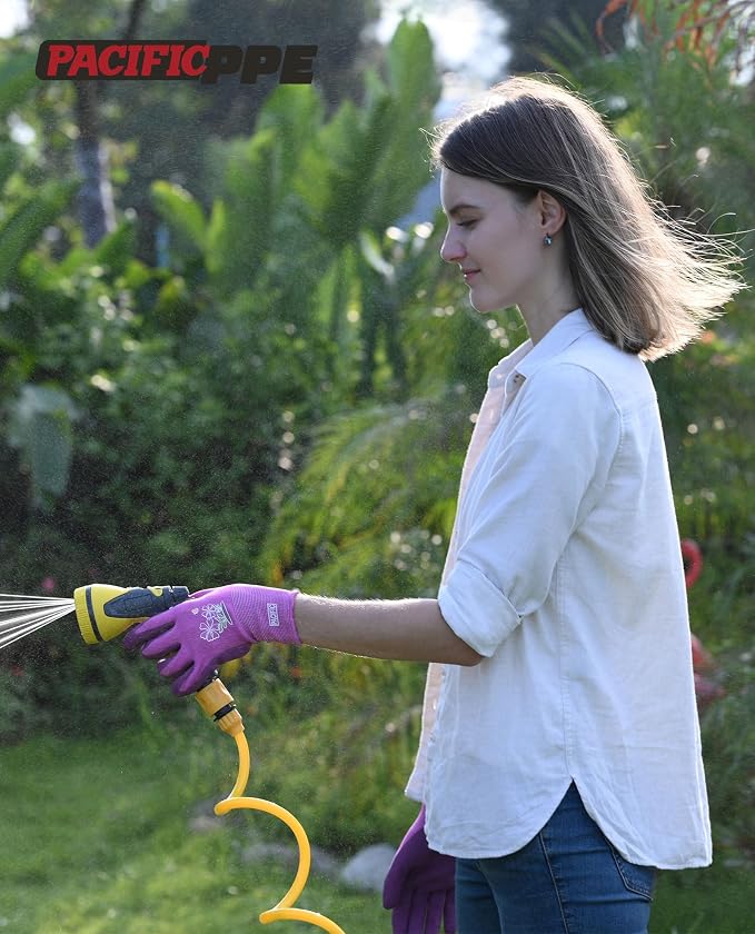 PACIFIC PPE 2 Pairs Gardening Gloves for women and Ladies, Rubber Coated Garden Gloves, Outdoor Protective Work Gloves, Medium Size fits Most, Purple & Red