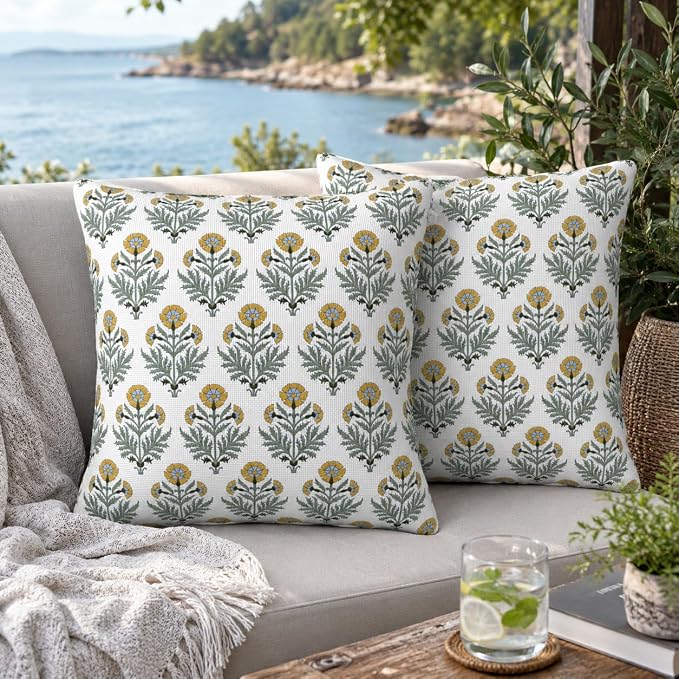 Outdoor Waterproof Throw Pillow Covers 20x20 Inch Set of 2, Block Print Flowers Decorative Pillow Cases Vintage Floral Cushion Covers for Spring Patio Furniture Garden