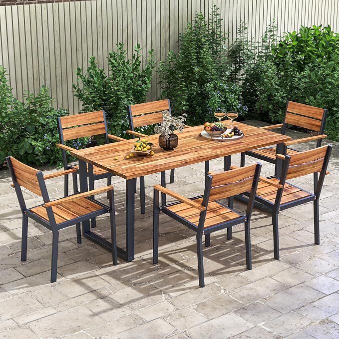 Tangkula 7 Pieces Patented Wood Outdoor Dining Set with Umbrella Hole, Heavy Duty Acacia Armrest Chairs and Rectangle Table Set for 6, Suitable for Deck Lawn Garden Poolside and Backyard
