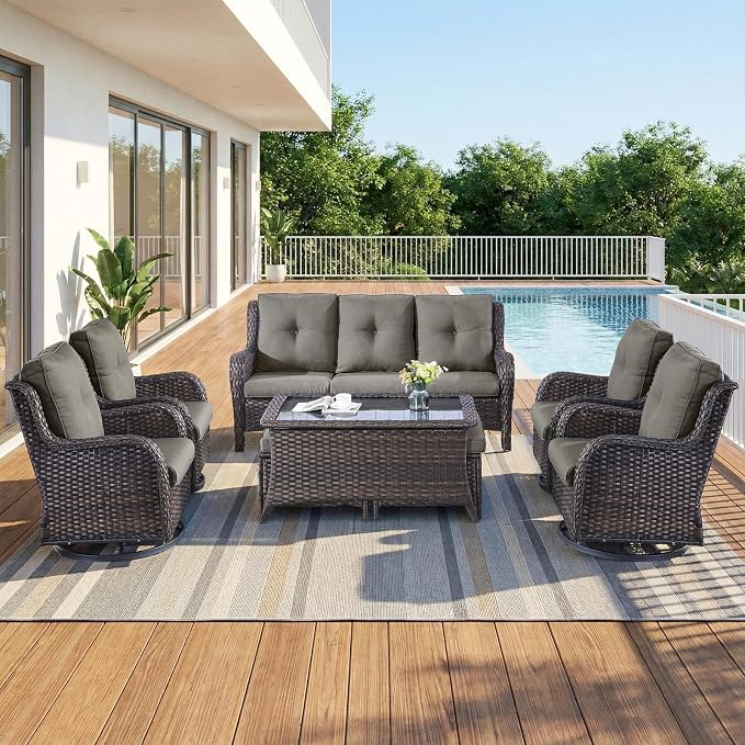 8 Piece High Back Wicker Patio Furniture Set - Patio Conversation Set with 4 Inch Thick Cushions and Deep Seating Swivel Glider Chairs Set of 4 & Outdoor Couch for Porch Deck Yard Pool