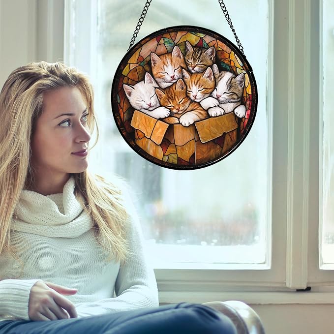Stained Glass Window Hanging 6 Cute Kittens Large 15" - Cat Gift Suncatcher Door Sun Catcher Decor Birthday Christmas for Lost Pets Mom Men Woman Friend
