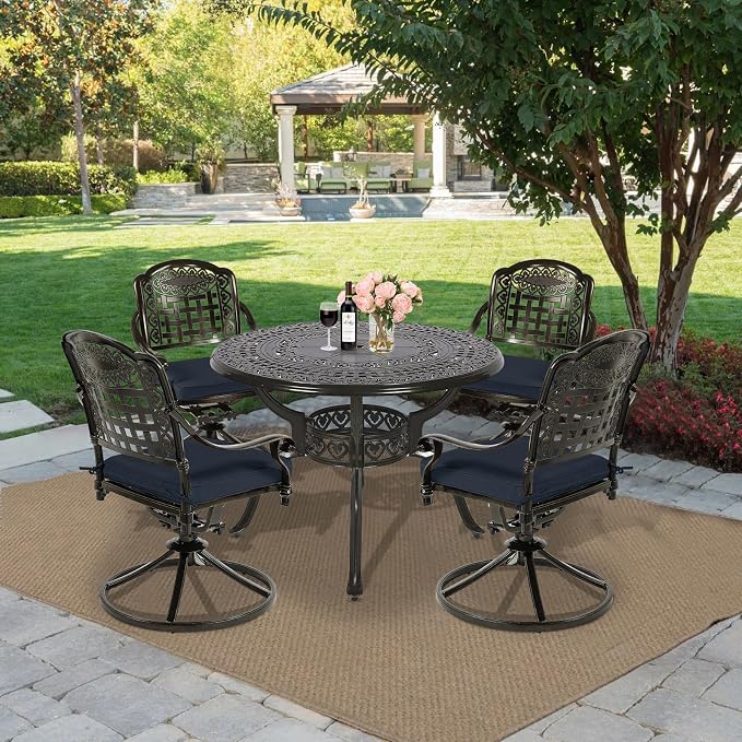 MEETWARM 5-Piece Outdoor Patio Dining Set, All-Weather Cast Aluminum Patio Conversation Set with 4 Cushions Swivel Rocker Chairs for Backyard Garden Deck and 38.5" Round Table, Navy Blue