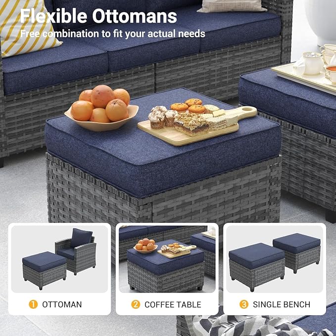7 Pcs Outdoor Furniture with 44" Fire Pit Table, Rattan Patio Conversation Sets with Swivel Chair, Gas Fire Pit, Ottomans, Side Table, 4" Thick Cushion, for Backyard Garden Deck,Navy Blue