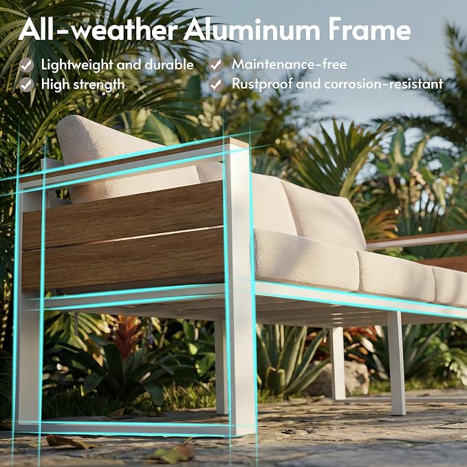 ENSTVER Aluminum Patio Furniture Sets, 5-Seat Outdoor Sofa with Premium Olefin Fabric Cushions & Zero-Maintenance Frame, Patio Sectional Conversation Set for Poolside, Garden