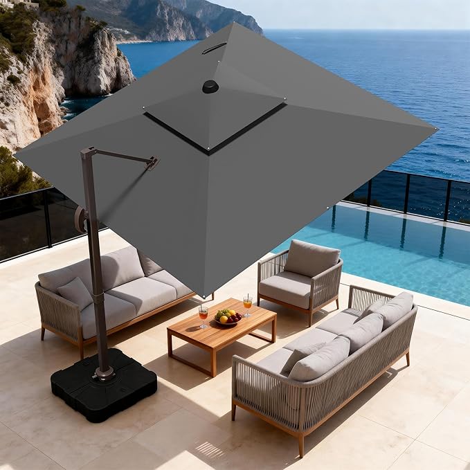 10x10Ft Patio Umbrella Outdoor Cantilever Rectangle Umbrella with Base Included, 6-Level Tilt & 360° Rotation Offset Umbrella for Garden, Deck, Pool(Grey)