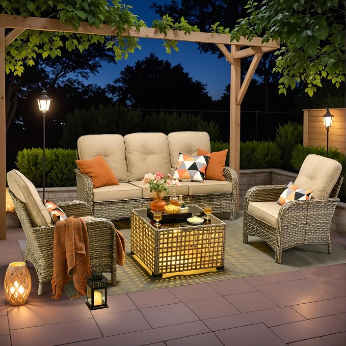 4-Piece Outdoor Patio Furniture Set,All Weather Wicker Rattan Patio Seating Sofa and Chair Set with Glowing Coffee Table,Outdoor Conversation Sets with 3 Seater Couch for Porch Deck Yard,Beige