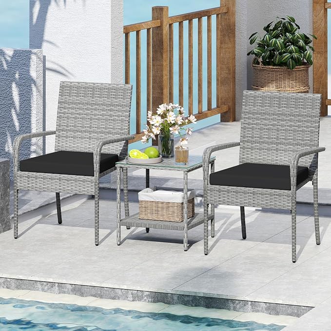 Tangkula 3 Pieces Patio Furniture Set, PE Rattan Outdoor Cushioned Conversation Chairs with 2-Tier Tempered Glass Tabletop Table, for Balcony, Garden and Poolside