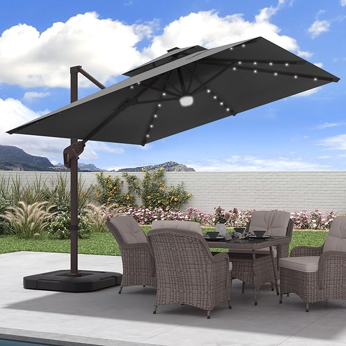 JZAC & QZYD 9x9 FT Outdoor Cantilever Patio Umbrella with Solar LED Lights, Large Heavy Duty 2-Tier Canopy Square Aluminum Offset Umbrellas with 360-Degree Rotation for Pool Deck Backyard, Grey