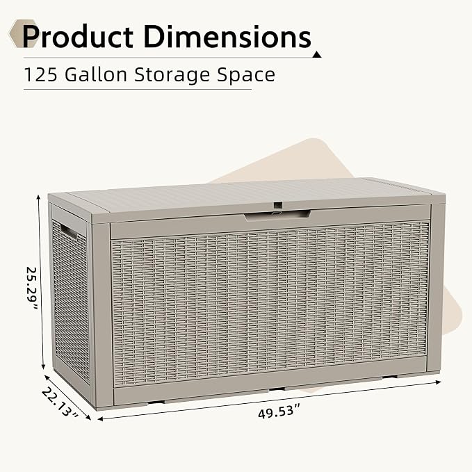 Waterproof Outdoor Storage Box, 125 Gallon Lockable Deck Box, UV-Resistant Outside Storage Bin With Hydraulic Lid For Patio Furniture, Cushion Organizer, Garden Tools, Pool Accessories,Grey