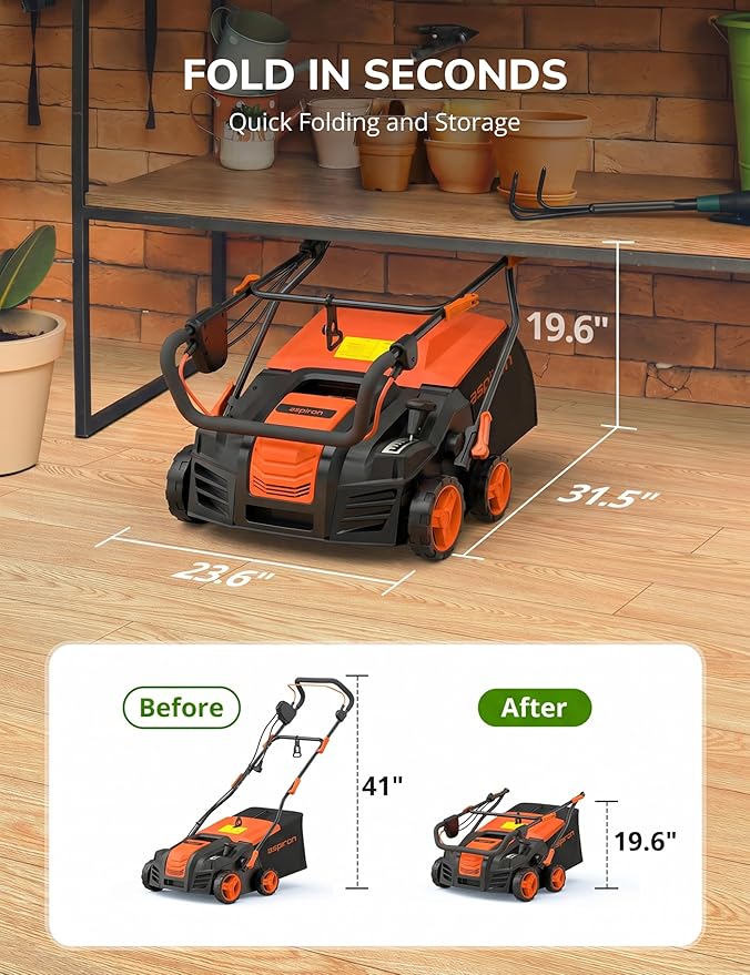 Aspiron 16” Artificial Turf Vacuum, 2000w Grass Sweeper 15 Amp Lawn Sweeper Yard Power Brush with 55L Removable Leaf Collection Bag, Quick-Fold, Keeps Clear Sweepy Box, Aurantious