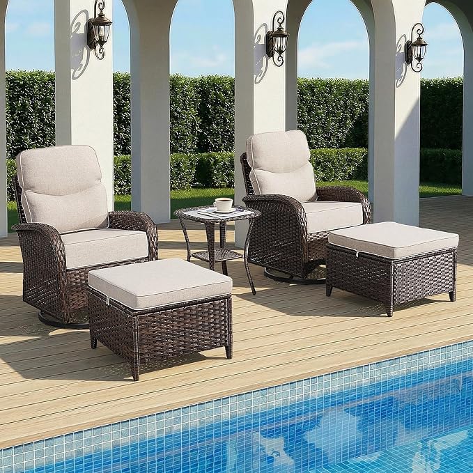 Patio Furniture Set with Luxury 6" Cushions, 5 Pieces Swivel Rocking High Back Patio Chairs and Ottoman, Outdoor Wicker Conversation Set for Deck, Porch, Backyard, Poolside, Beige