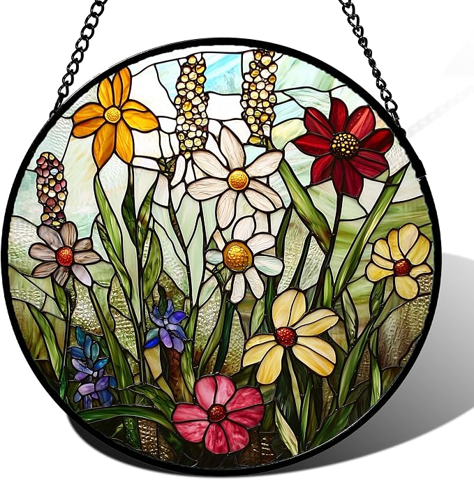 DASTOLL Stained Glass Window Hanging, Colorful Wildflowers Plant Scenery Suncatcher for Doors Window Home White Green Sun Catchers Decor Mother's Day Birthday Gifts for Women, Men Mom 6.3 in