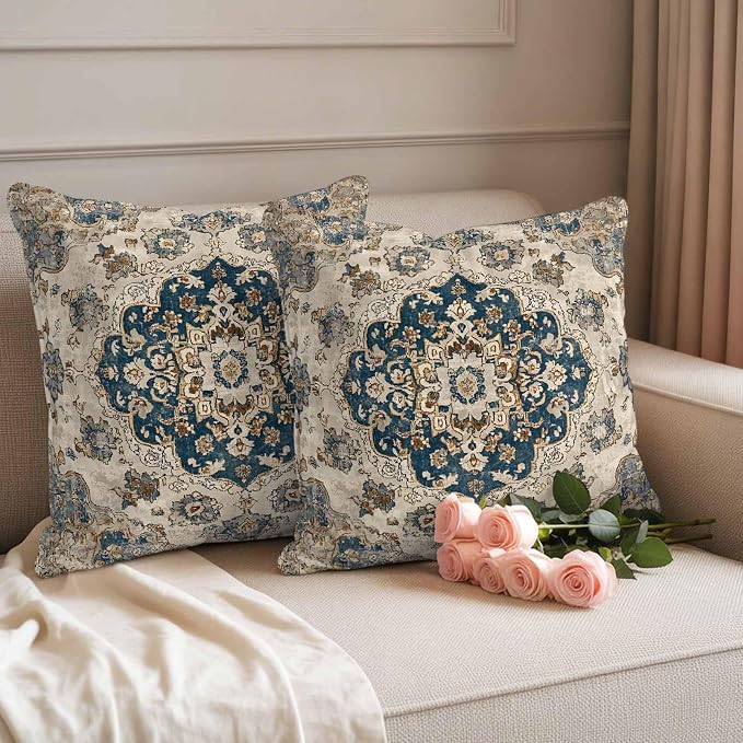 Throw Pillow Covers 18x18 Inch Set of 2, Blue Brown Boho Waterproof Outdoor Pillow Covers, Ethnic Vintage Southwestern Geometric Decorative Cushion Pillowcases for Couch, Sofa, Bed, Garden, Patio