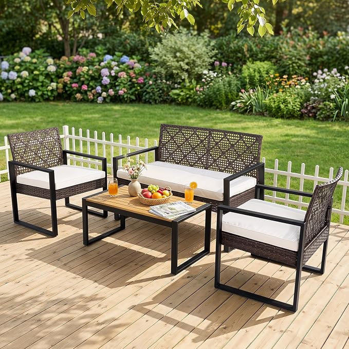 Tangkula 4-Piece Patio Conversation Set, Outdoor Furniture Set w/2 Single Chairs, Cushioned Loveseat & Acacia Wood Coffee Table, PE Wicker Seating Set w/Metal Frame & Adjustable Feet for Yard (Brown)