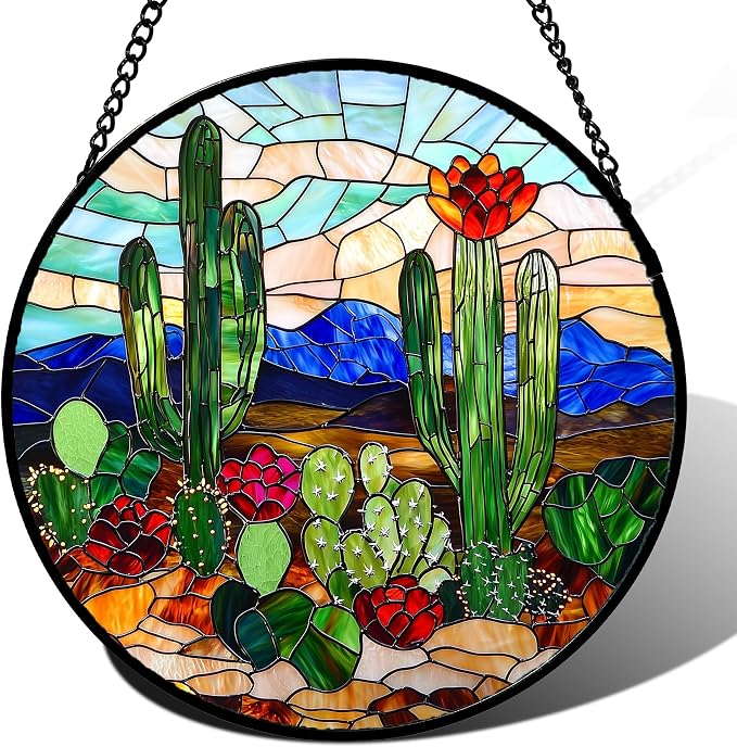 DASTOLL Stained Glass Window Hanging, Green Cactus Suncatcher for Doors Window Home Plant Landscape Sun Catchers Decoration Mother's Day Birthday Gifts for Women, Men, and Mom 9.8 in