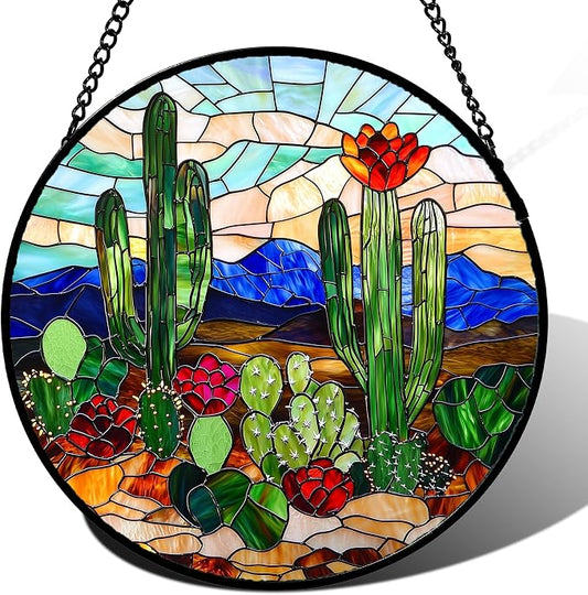 DASTOLL Stained Glass Window Hanging, Green Cactus Suncatcher for Doors Window Home Plant Landscape Sun Catchers Decoration Mother's Day Birthday Gifts for Women, Men, and Mom 7.8 in